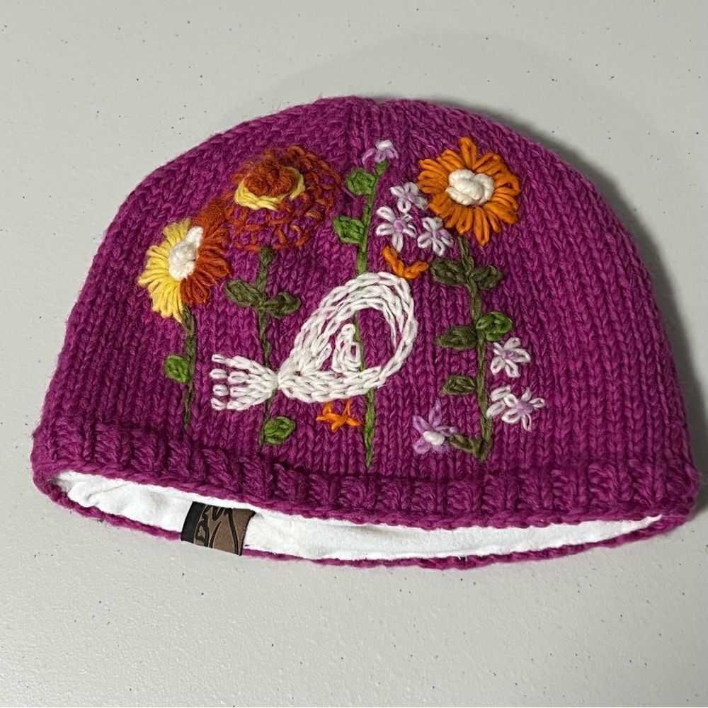 turtle Fur Wool Knitted Embroidered Floral and Bird Beanie